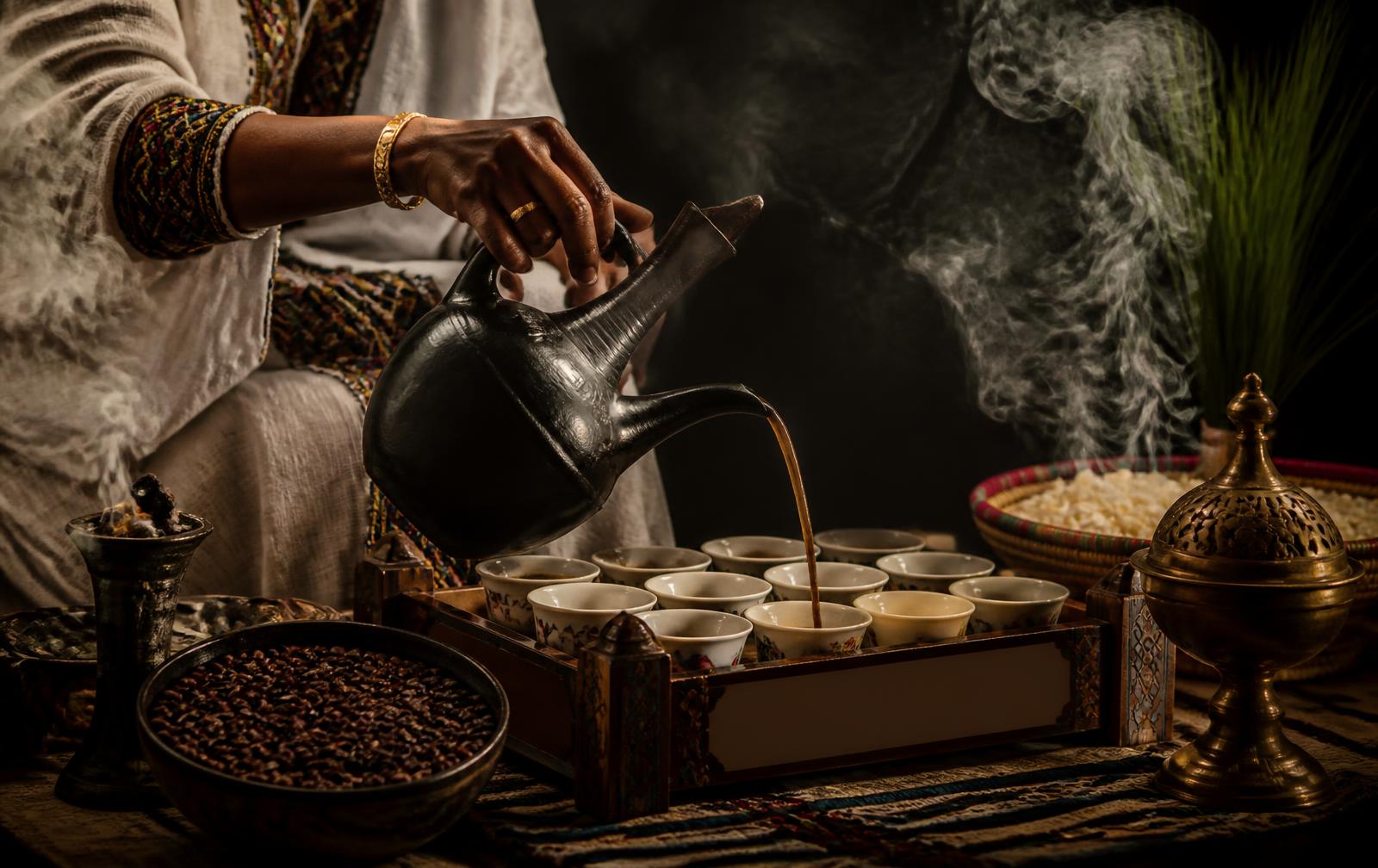Coffee poured from a black clay jebena into small cups during the ceremony