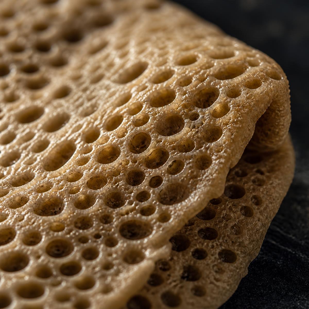 Close-up of the porous surface of injera flatbread