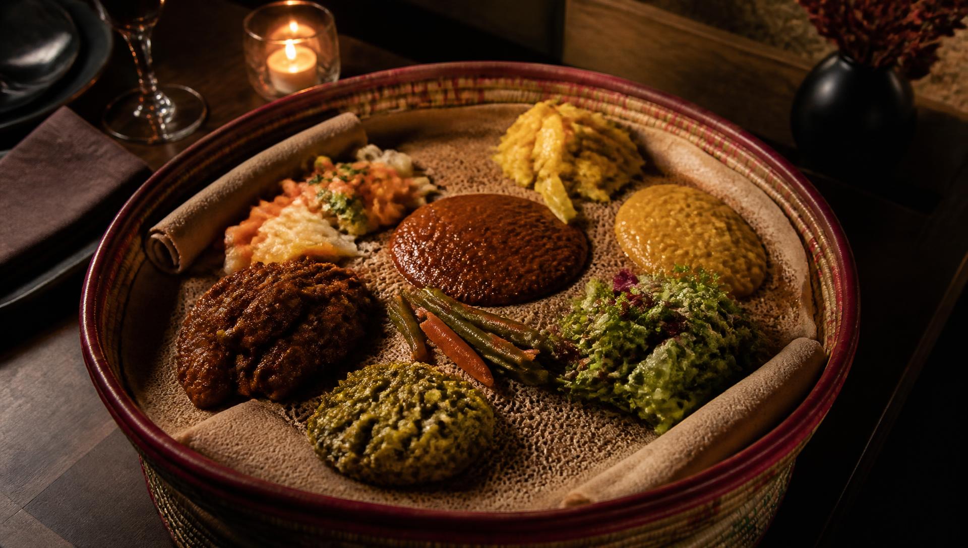 A shared platter of Eritrean stews laid out on injera in a woven mesob basket