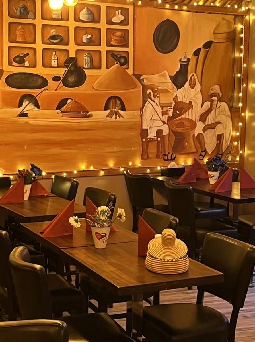 The dining room at Hidmona beneath the mural of a traditional coffee ceremony