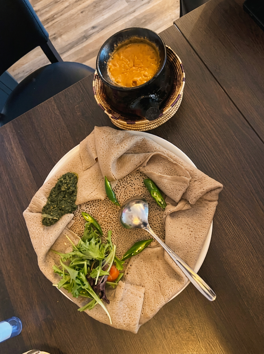 Shiro served in a black clay pot beside a fresh injera platter with salad and chillies