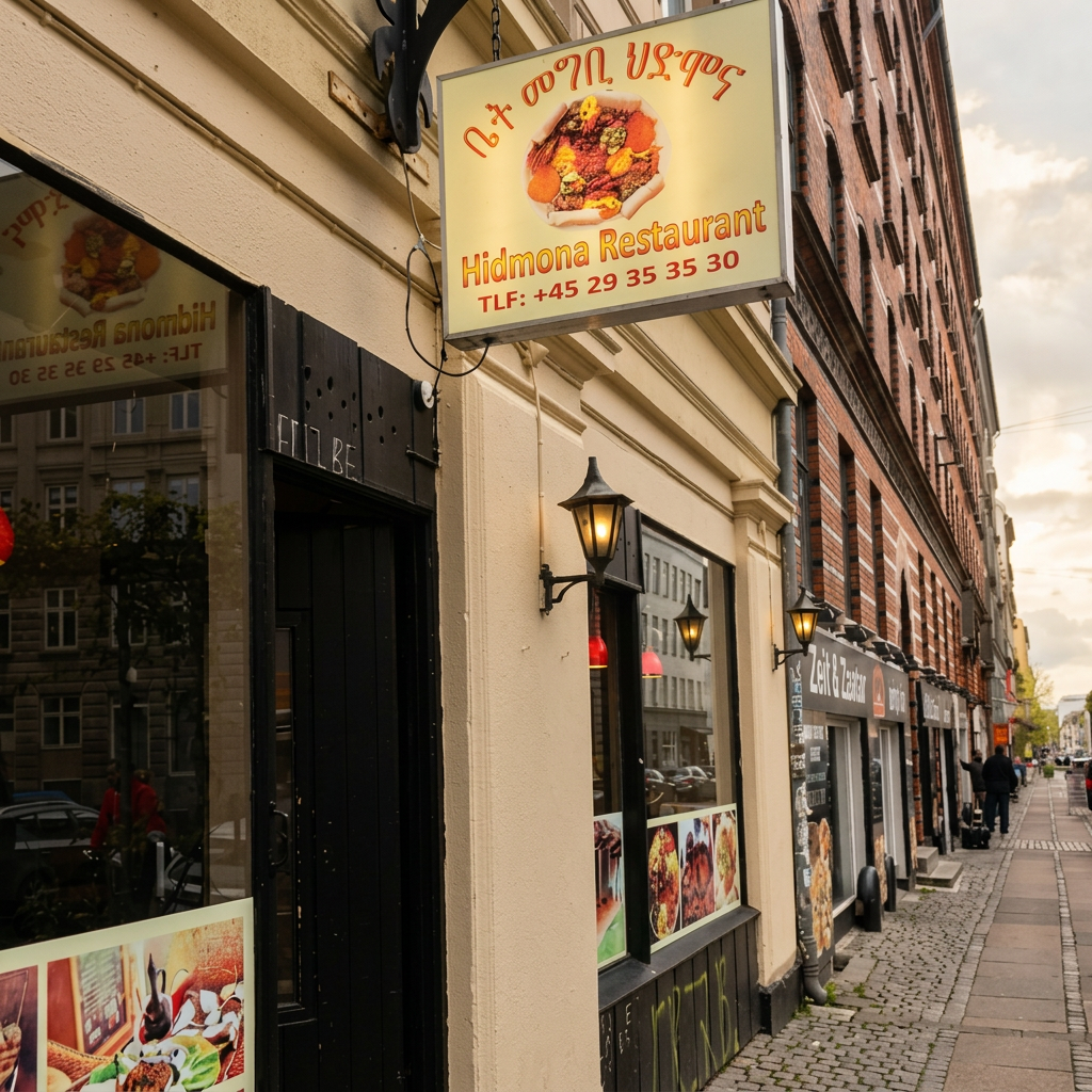 The Hidmona Restaurant storefront and hanging sign on Griffenfeldsgade in Copenhagen